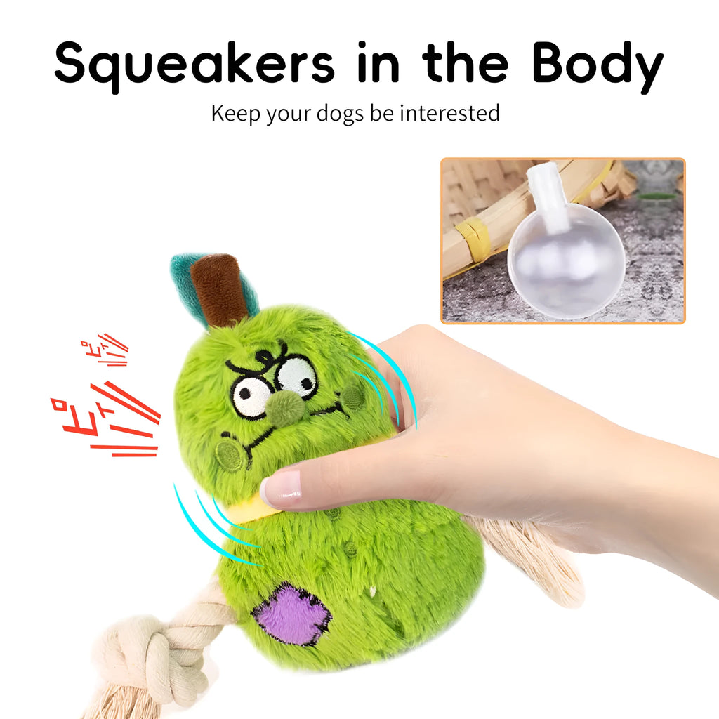 Green and purple plush rope knot dog toy with bite-resistant design for tug-of-war and tooth cleaning