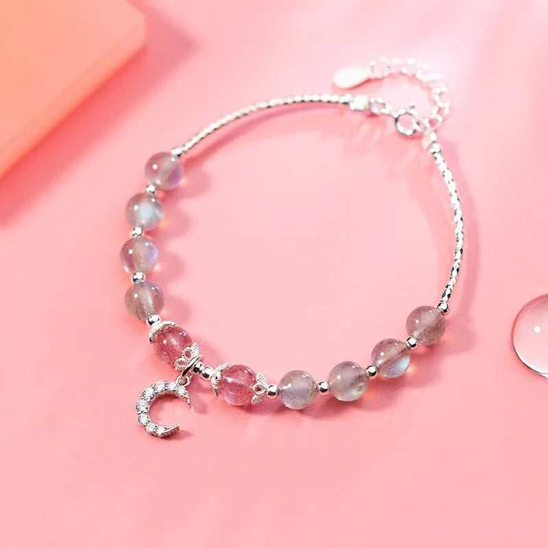 Natural moonstone handmade bracelet with adjustable clasp and crescent moon charm