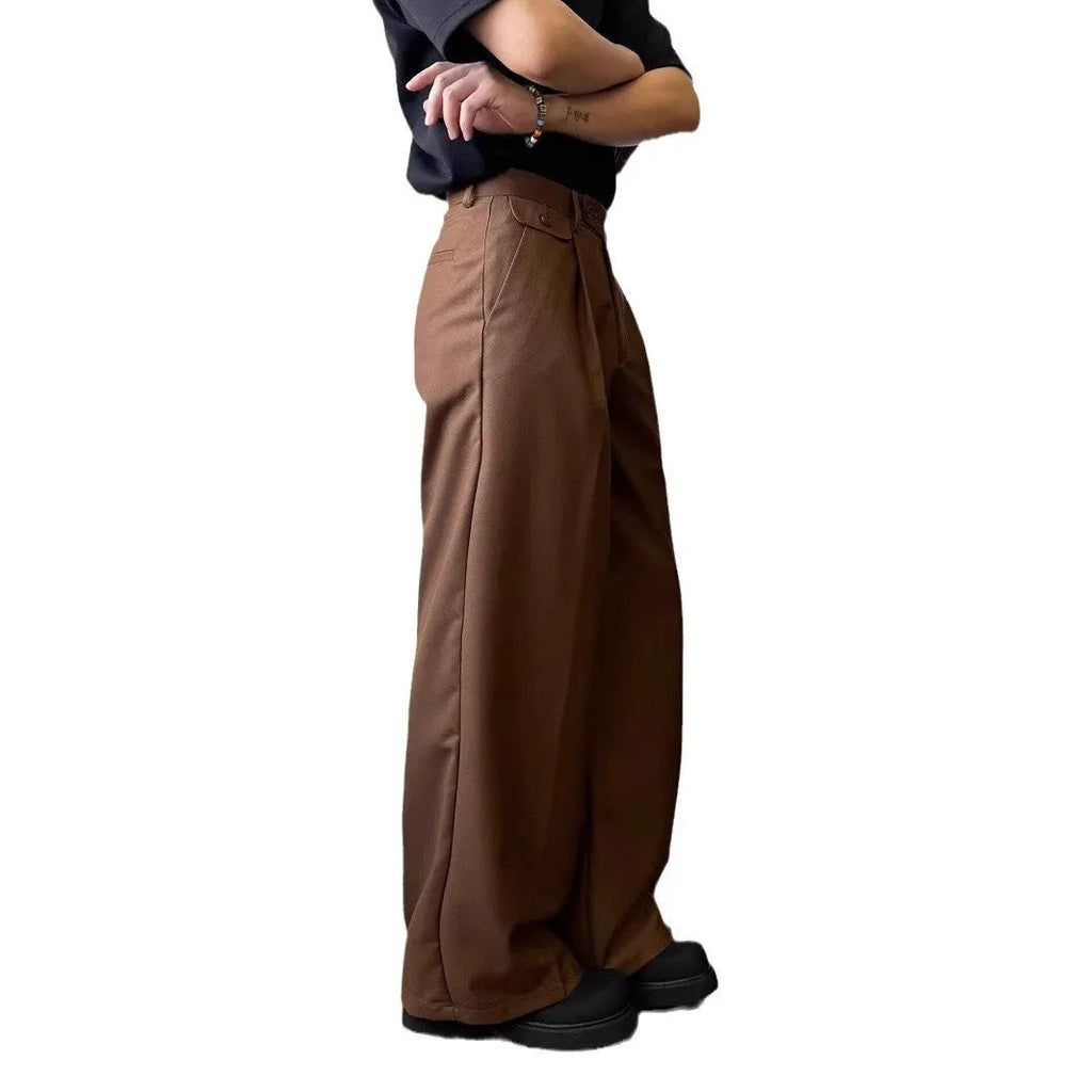 Men's straight-leg wide-leg casual suit pants in black and brown, loose drape fit