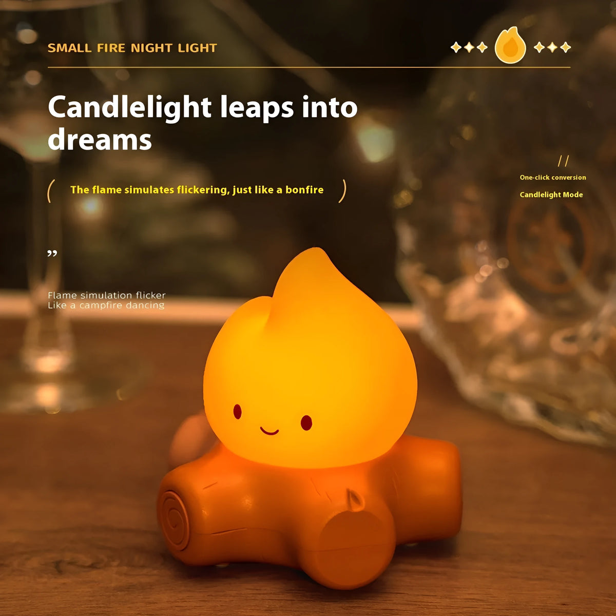 Small silicone fire pile night lamp with cartoon design showing yellow illumination