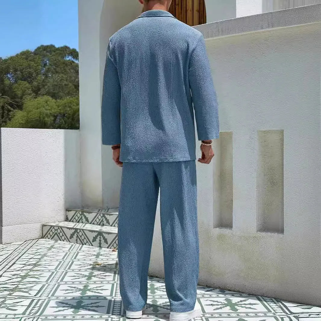 Men's casual shirt trousers commuter suit in polyester, shown in lake blue colour with shirt-style jacket.
