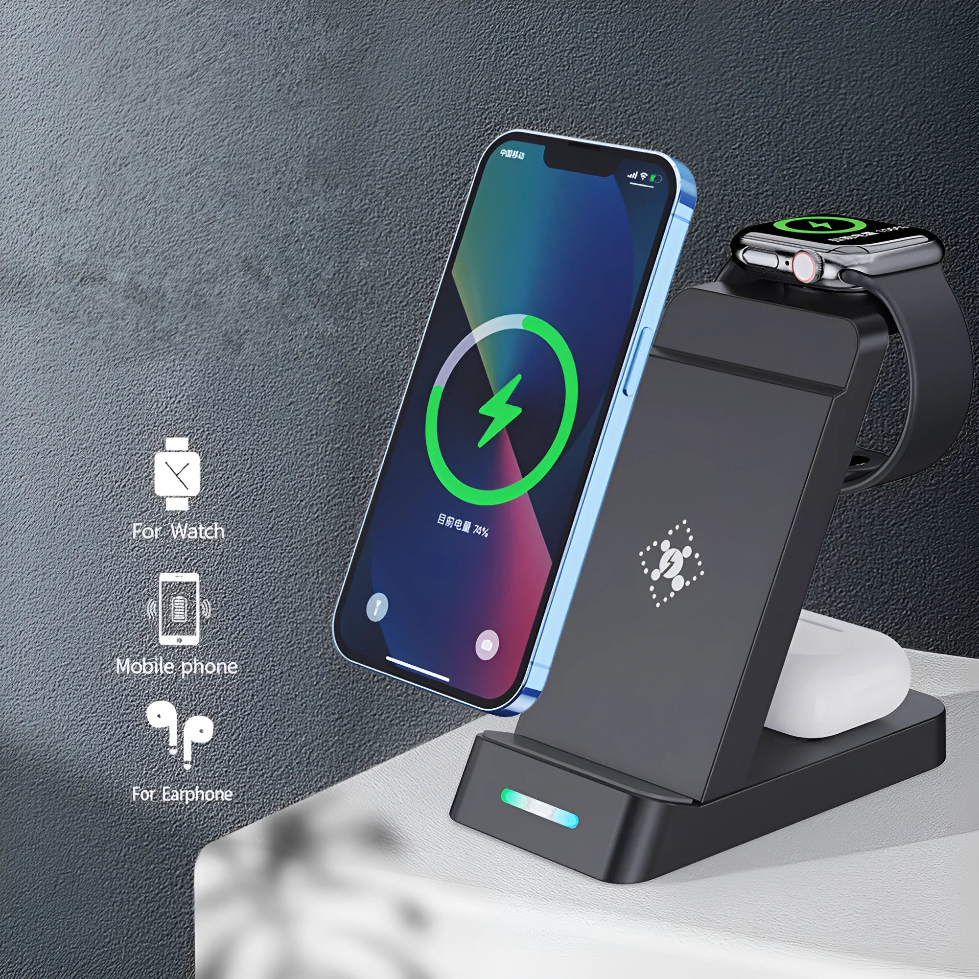Black and white Da 65W 3-in-1 wireless charging stand showing phone, watch, and earbuds charging simultaneously.
