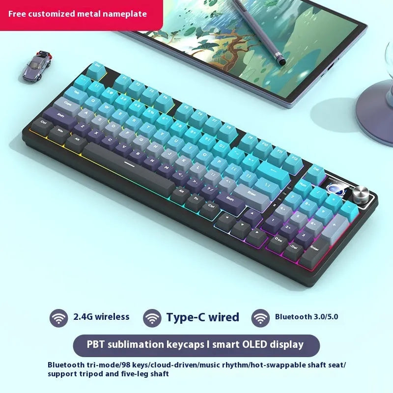 98-key wireless mechanical keyboard kit with metal control knob and optional display screen