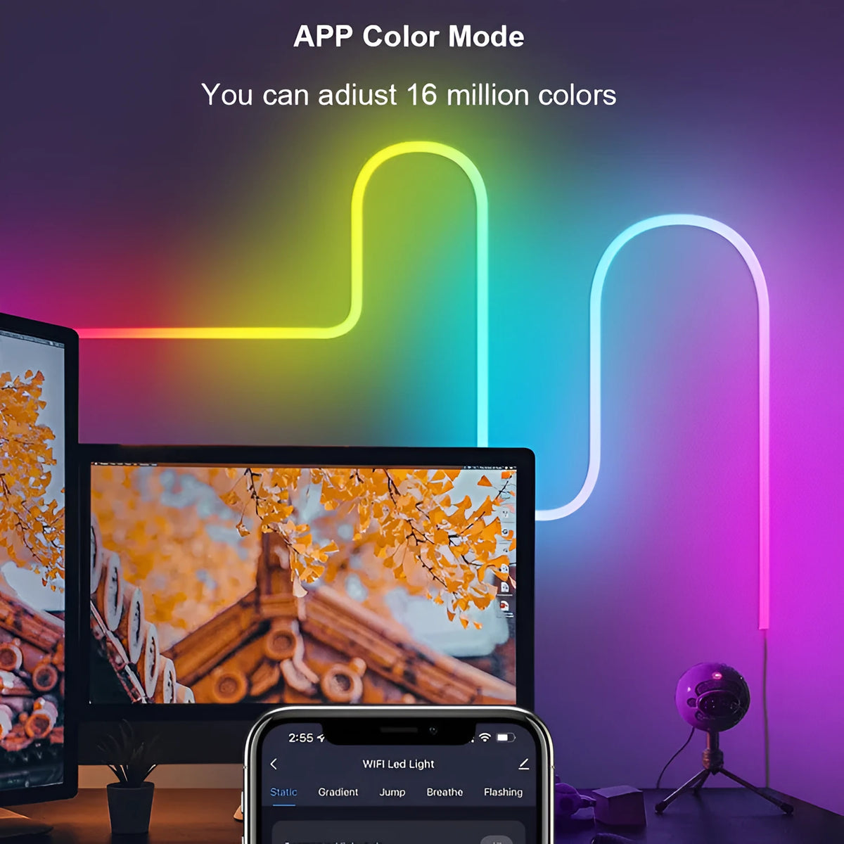 3 metre long USB-powered RGB LED neon light strip with remote control on white background