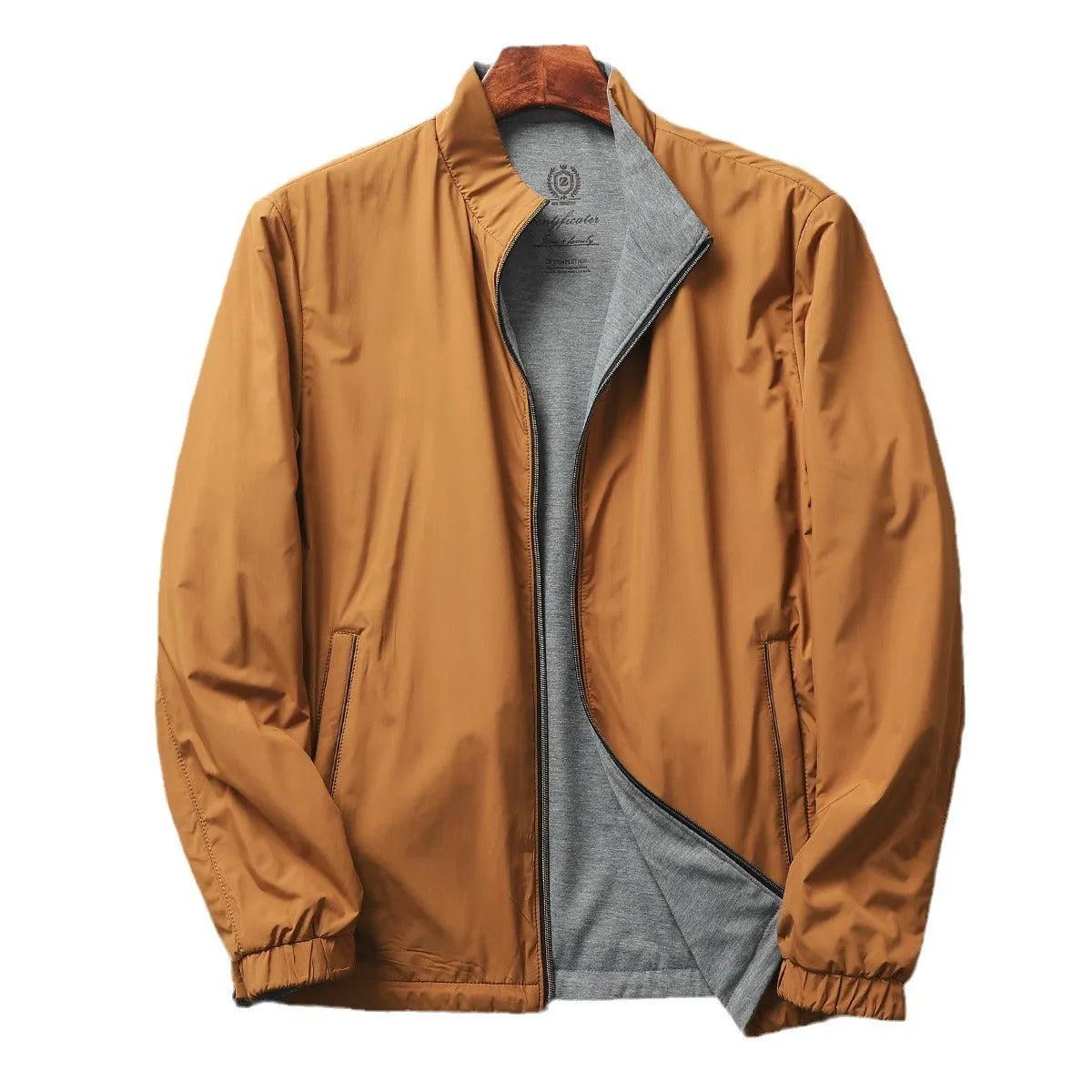 Men's stand collar business casual jacket in polyester with cotton lining, shown in Army Green colour