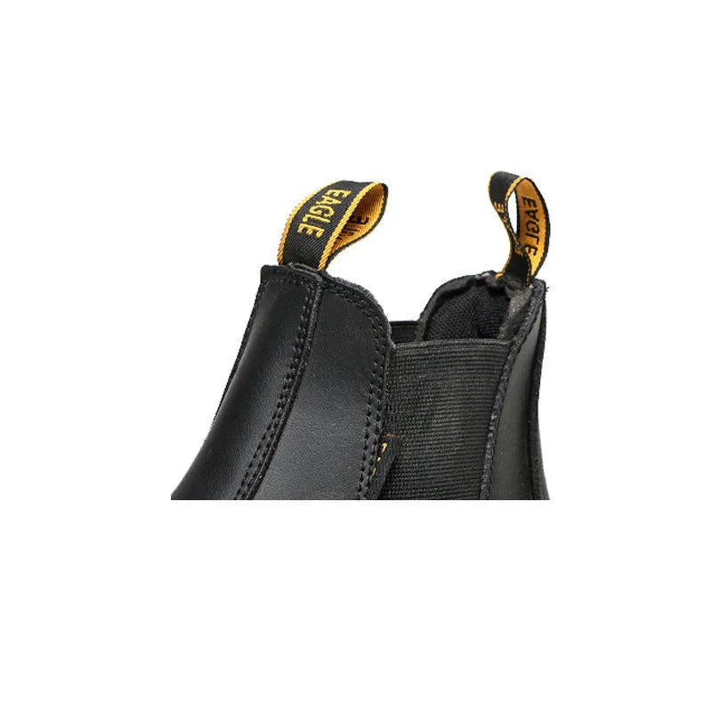 Black high-top cowhide leather safety work boots with anti-piercing sole.