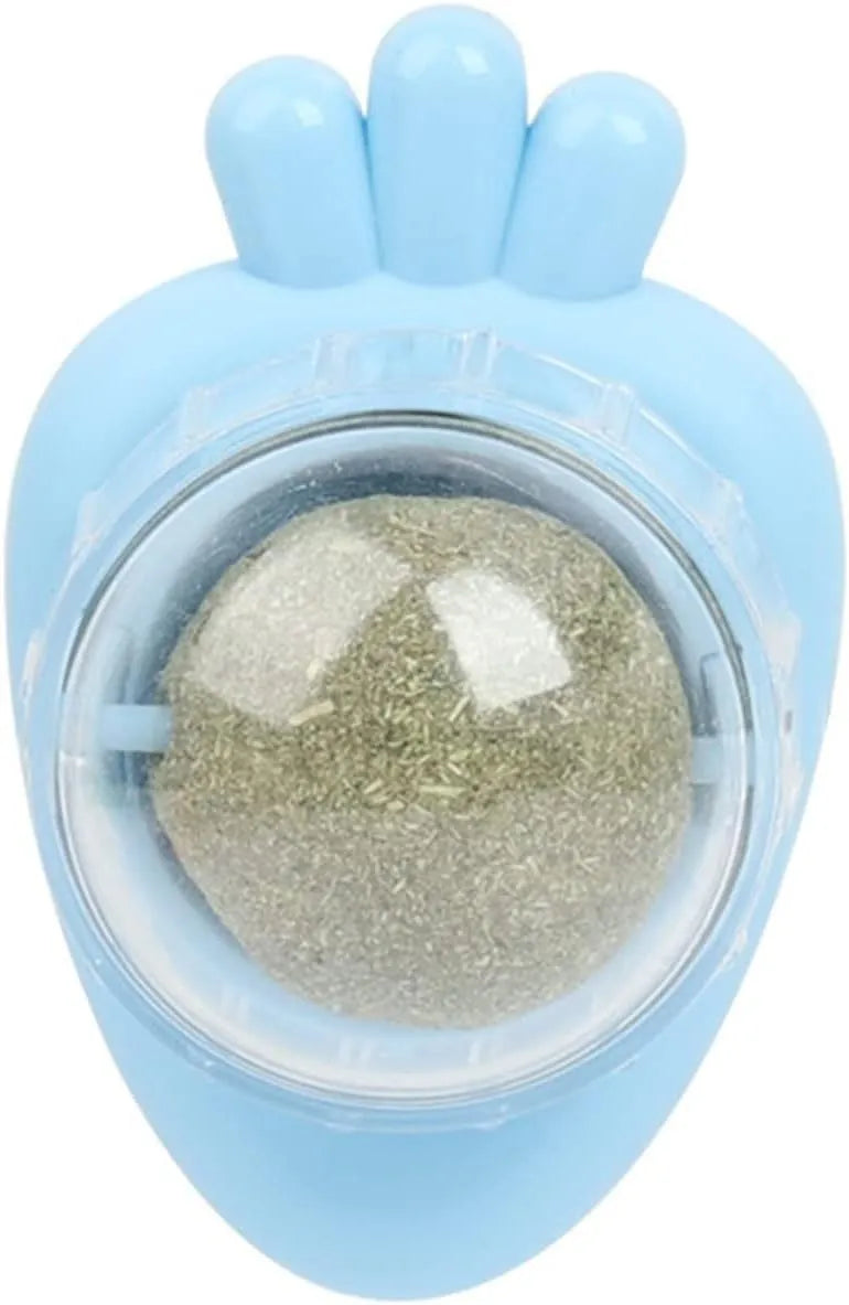 Blue carrot-shaped catnip ball with self-adhesive backing for wall mounting and cat teeth cleaning