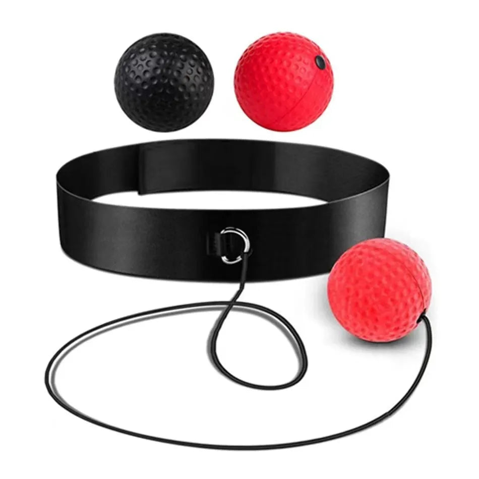 Head-mounted boxing reaction training ball set with adjustable headbands and multiple coloured balls