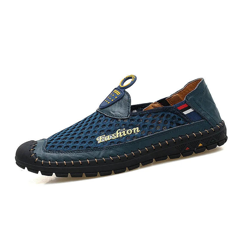 Men's brown casual mesh shoes with a round toe and stitched rubber sole on a plain background.
