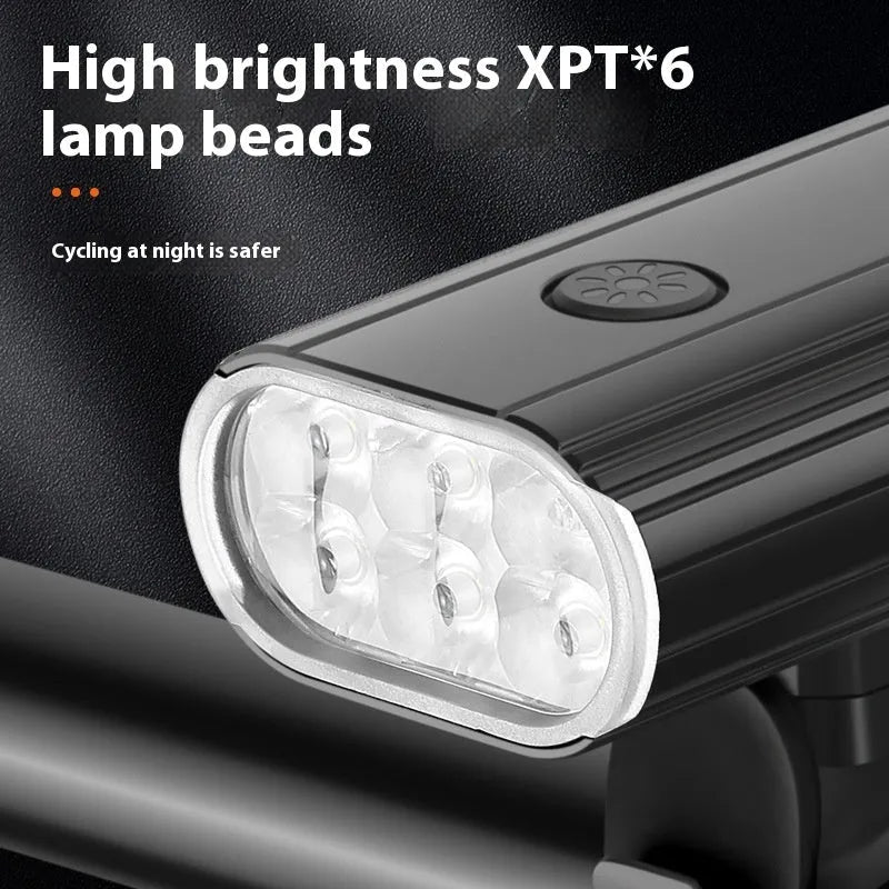 Aluminium alloy bicycle headlight showing front with six XPT lamp beads and mounting base options