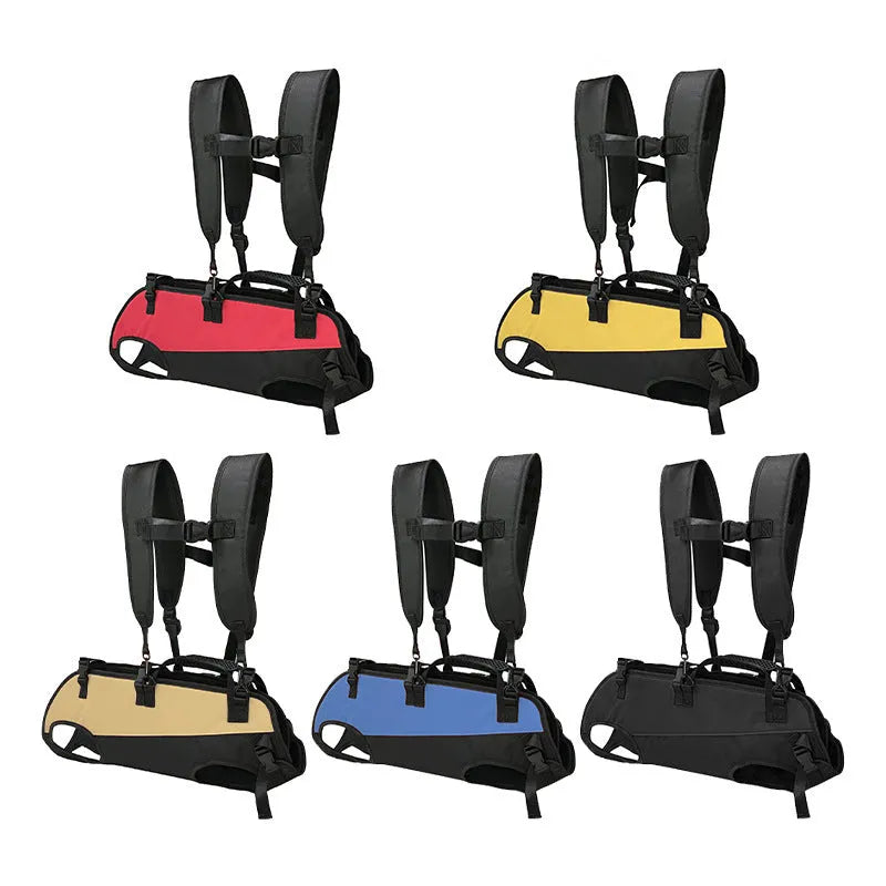 Multifunctional soft Oxford cloth pet backpack in black and red, shown as an adjustable airborne walking stretcher carrier.