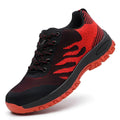 Red protective safety shoes with steel toe cap and breathable mesh upper