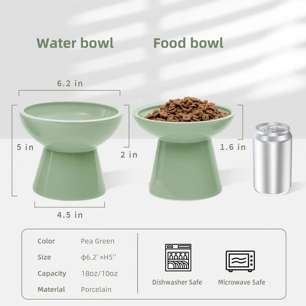 Ceramic elevated cat food and water bowls in blue, green, pink, and white colours