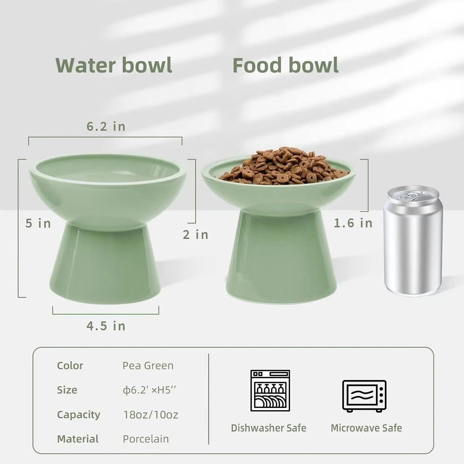 Ceramic elevated cat food and water bowls in blue, green, pink, and white colours