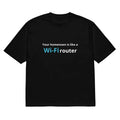 Men's black T-shirt with 3D printed cartoon pattern showing dimensional design detail on thin polyester fabric