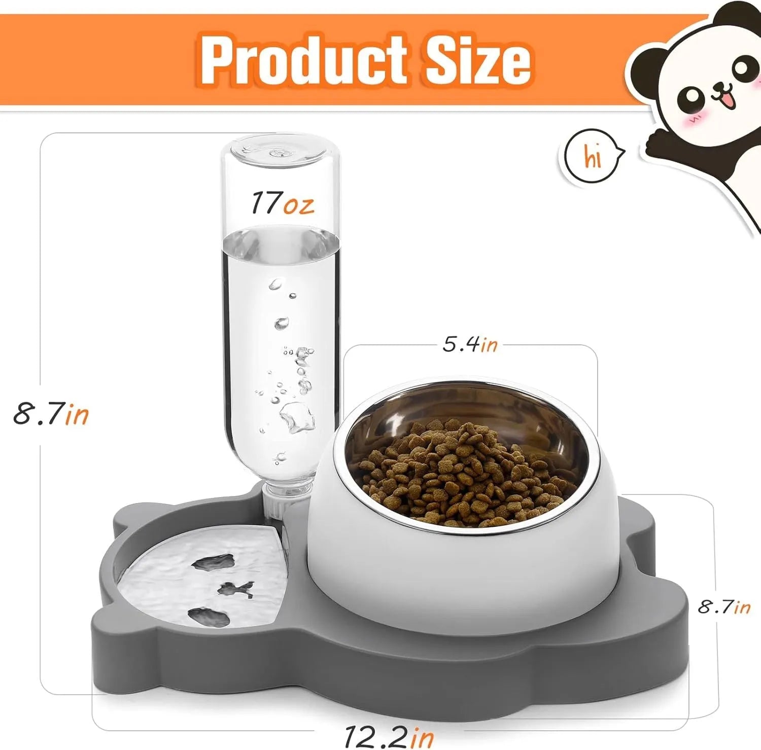 Grey panda-shaped tilted pet feeder with automatic water bottle for cats and small dogs