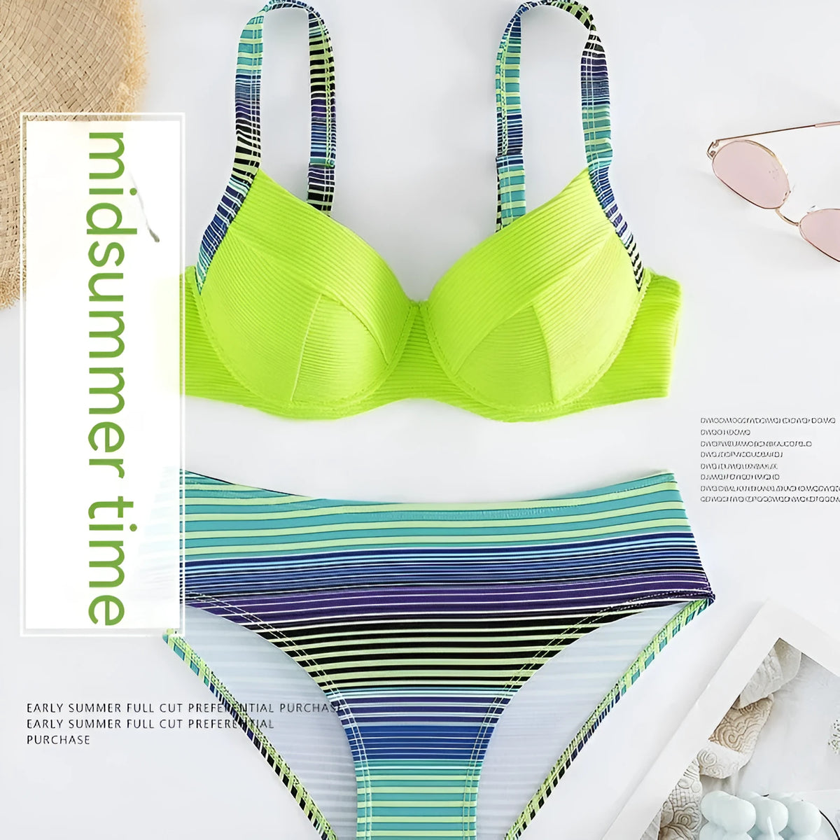 Green printed women's halter bikini with briefs bottoms on white background