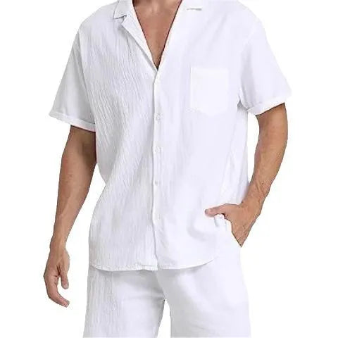Men's flax linen short-sleeve top and shorts sports suit set on a hanger, shown in army green colour.
