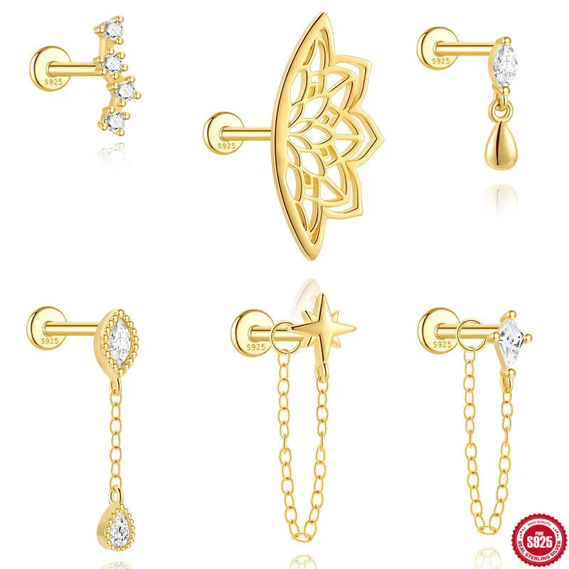 S925 sterling silver hollow lotus flower ear bone stud with rhinestones and gold-tone electroplated finish, single women's ear stud.
