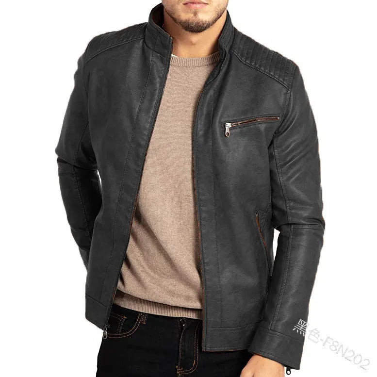 Men's brown polyester artificial leather punk motorcycle jacket with stand collar and patch pockets