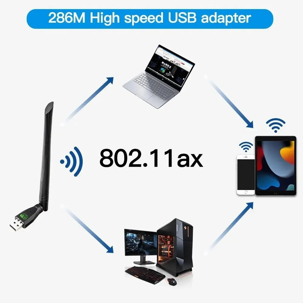 Black WiFi 6 wireless network card with USB connector for computer connectivity
