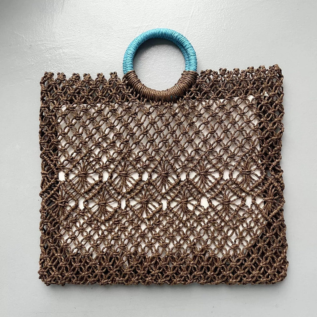 Handmade paper grass straw bag, square vertical, dark brown, 44cm wide, 36cm high, 10cm handle, polyester lining