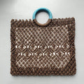 Handmade paper grass straw bag, square vertical, dark brown, 44cm wide, 36cm high, 10cm handle, polyester lining