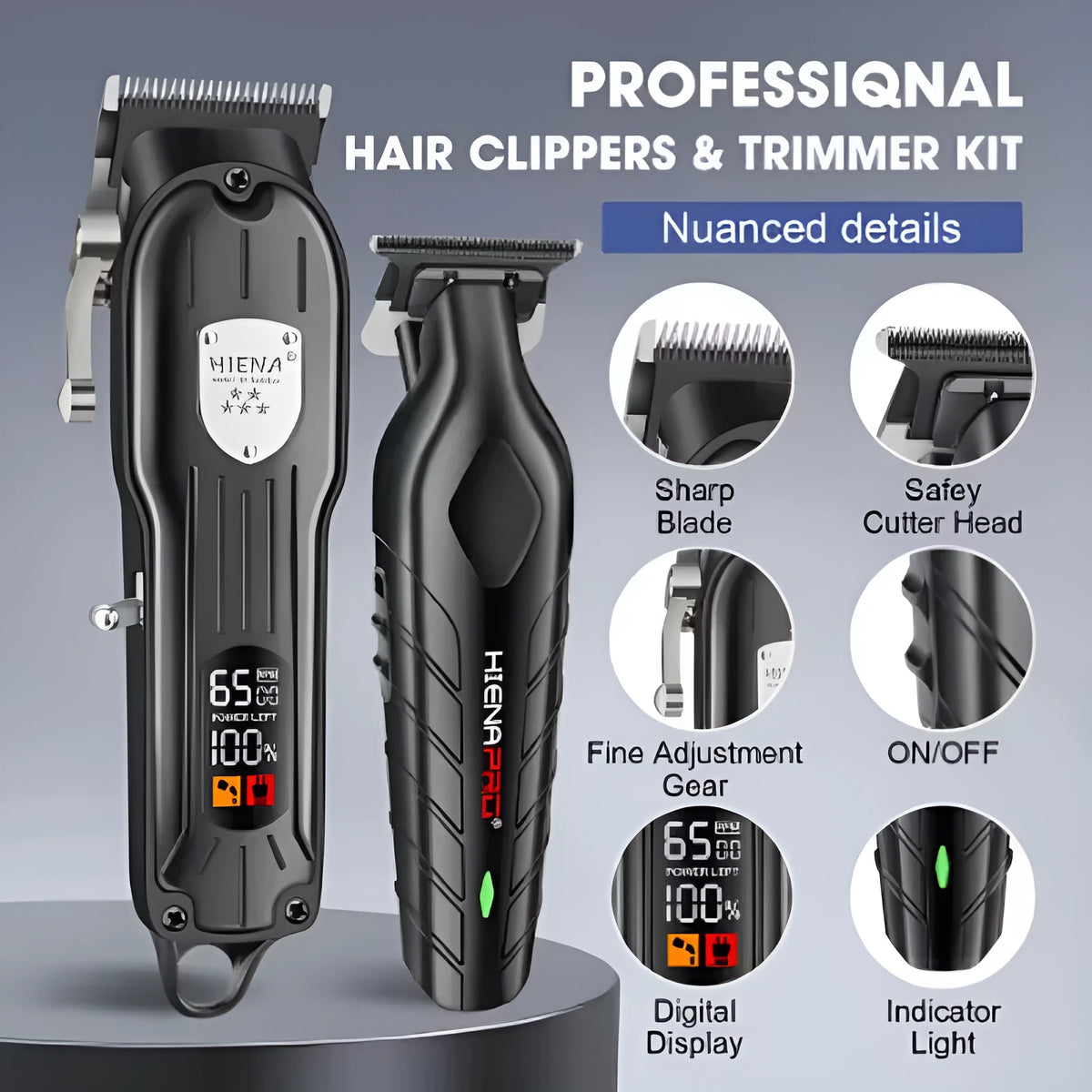 Black USB rechargeable hair clipper and foil shaver set with LED display.