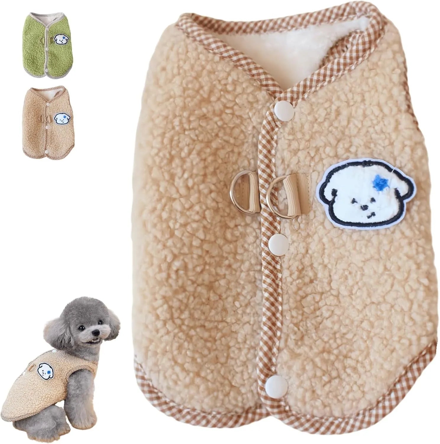 Green coral fleece dog vest with a metal leash ring on the back, sized for a small dog.