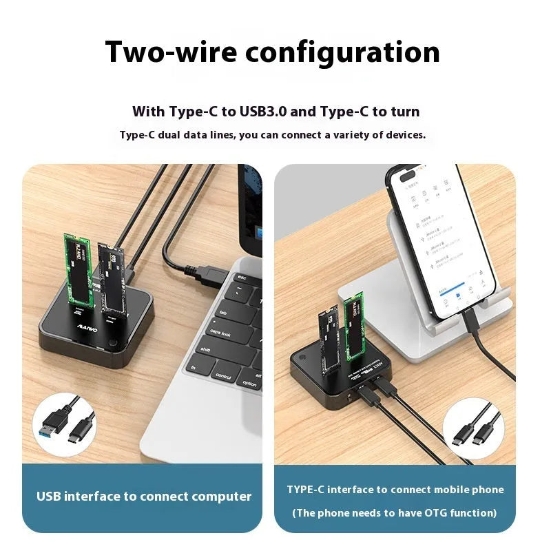 MAIWO K3016 M.2 SSD hard disk docking station with data cables and power adapter on a table.