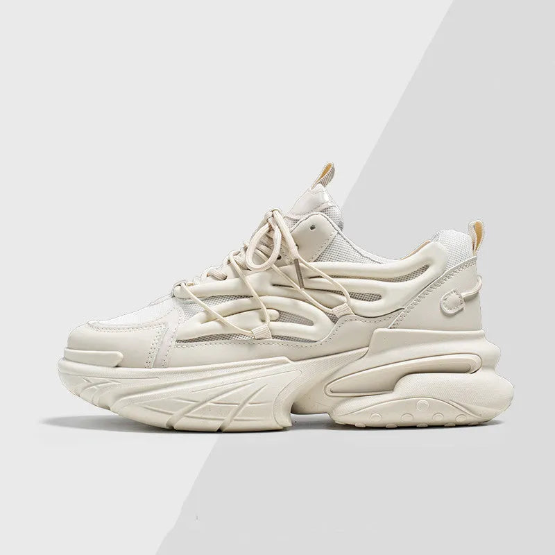 Men's beige sneaker with mesh and PU leather upper, round toe and platform heel