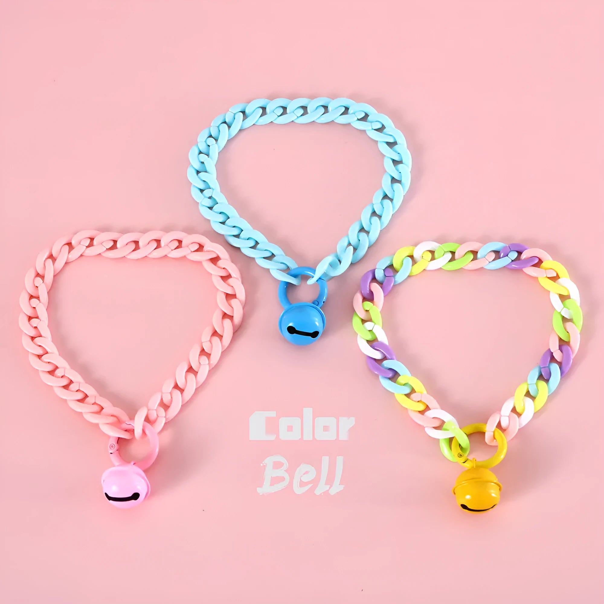 Adjustable plastic pet collar in macaron candy colours showing chain blue, pink and mixed options