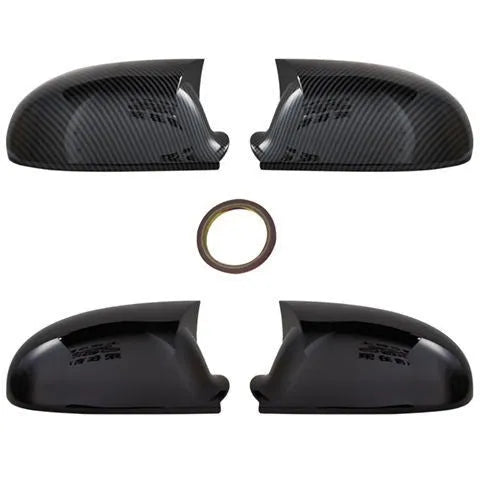 Pair of plastic mirror housings for Volkswagen Old Sagitar in black and carbon fibre finishes.