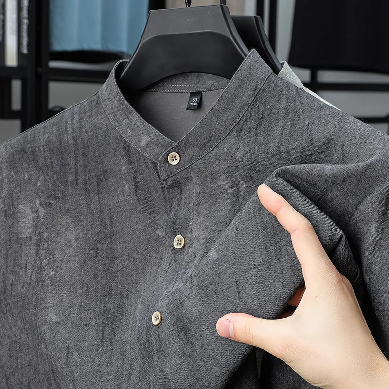 Men's loose linen-style cardigan in solid colour with stand collar, shown in black grey and white grey options