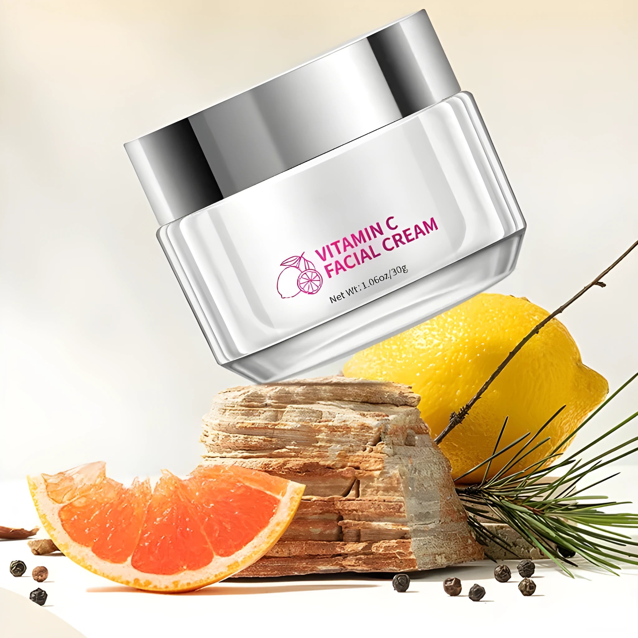 Vitamin C face cream in 30g white jar with product dimensions 6x6x5.2cm