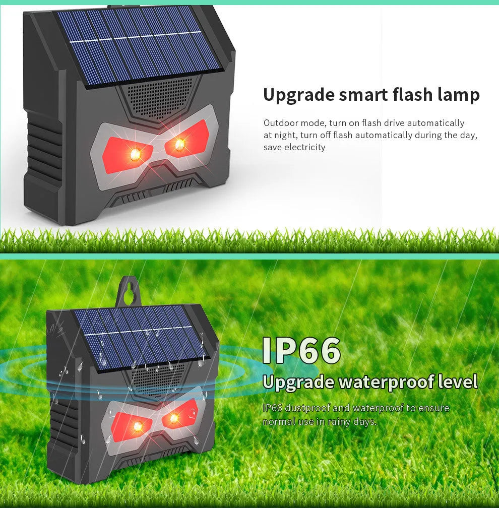 Black outdoor ultrasonic animal repeller with solar panel and charging cable