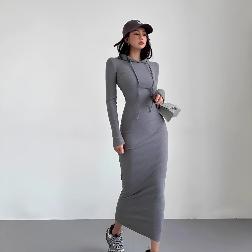 Women's grey hooded long sleeve sheath dress with high waist and over-the-knee length.