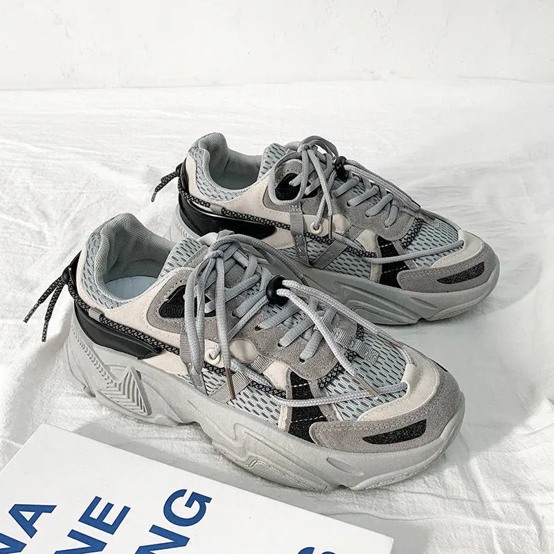 Men's white platform dad shoes with lace-up front and chunky sole