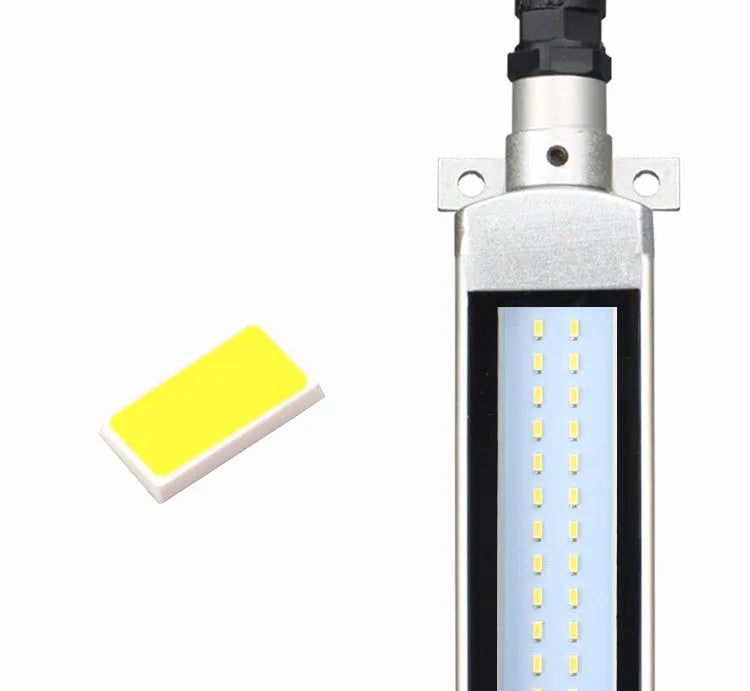 Aluminium LED strip work light with tempered glass cover and long cable for CNC machine mounting.