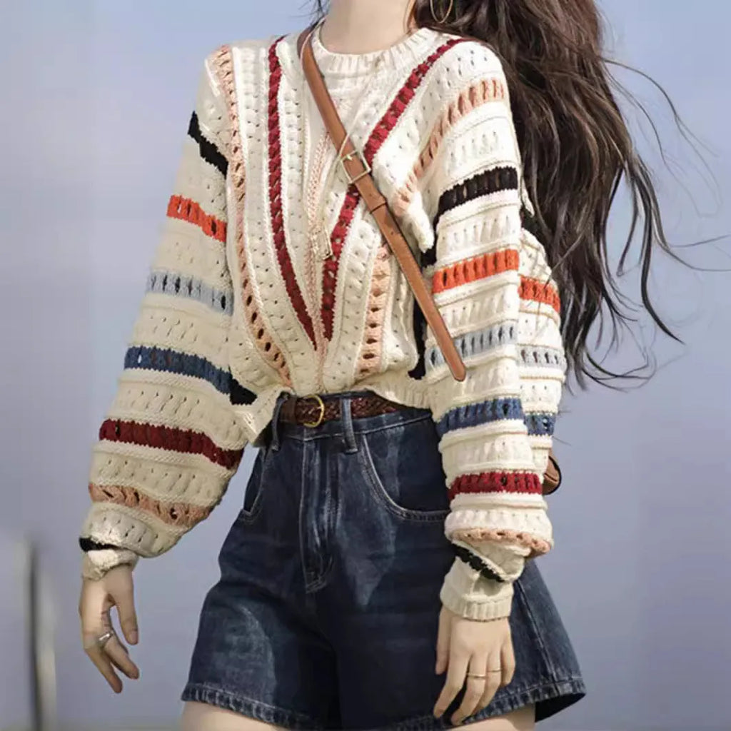 Retro rainbow striped hollow knit sweater with round neck and batwing sleeves in loose free size fit