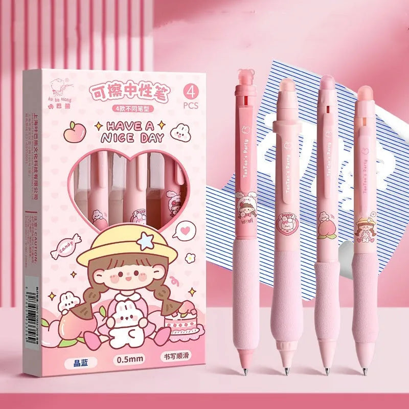 Erasable gel pen with cartoon designs and 0.5mm tip in black or crystal blue ink