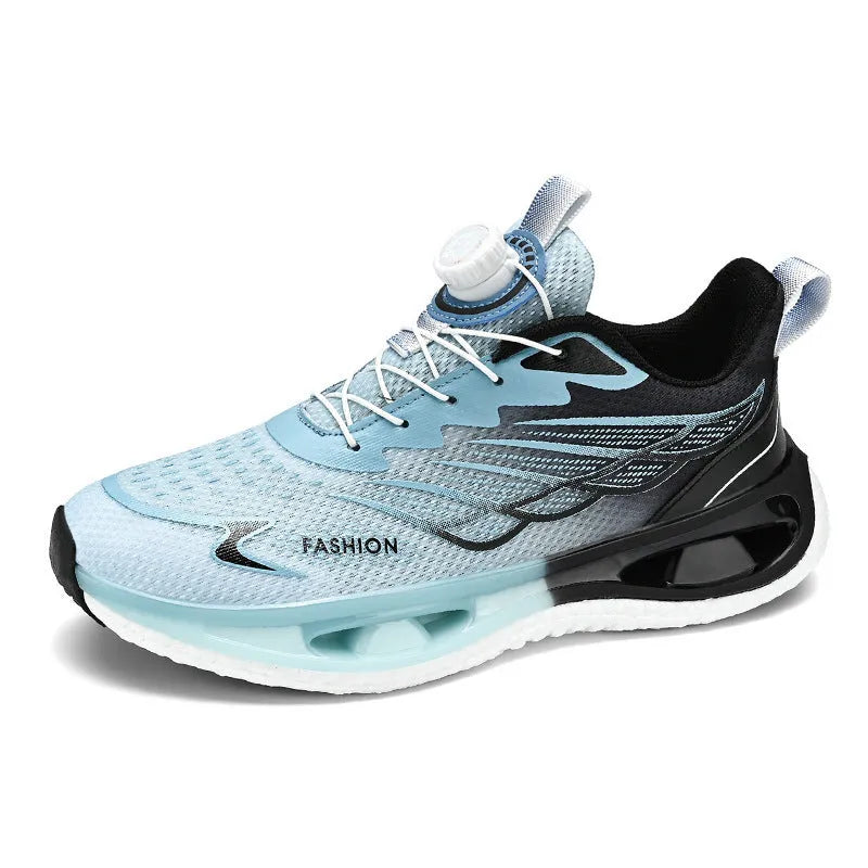 Men's low-top casual sneaker in light blue mesh with a round toe and flat rubber sole.