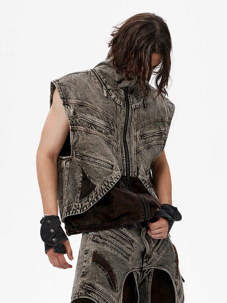 Men's light blue splicing denim sleeveless vest with a front zip closure.