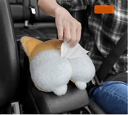 Yellow corgi butt-shaped soft pouch tissue box cover with elastic strap for car visor.