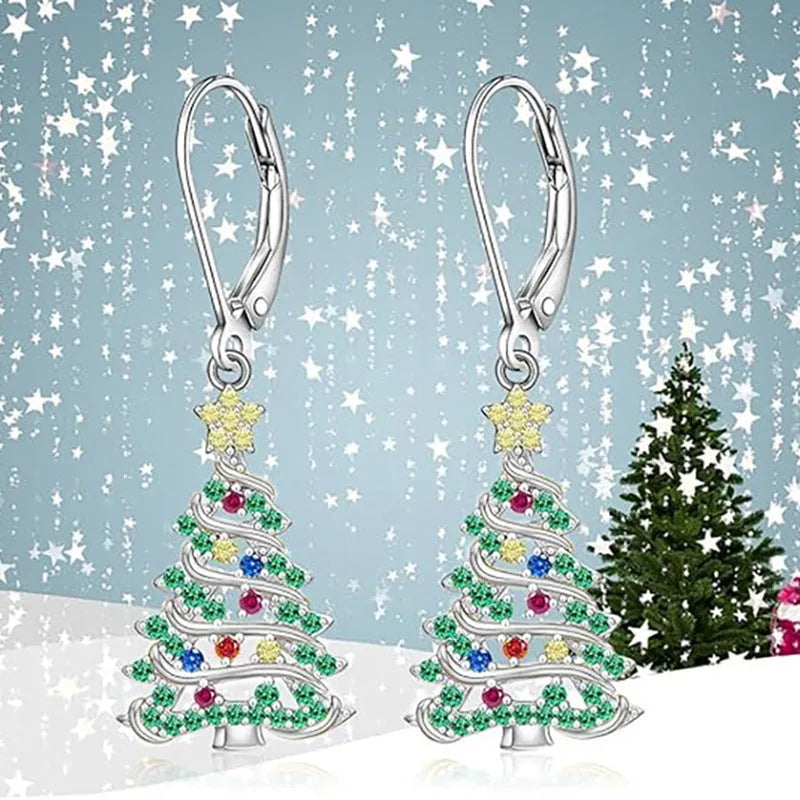 Women's copper Christmas tree earrings with star shape and white gold colour finish