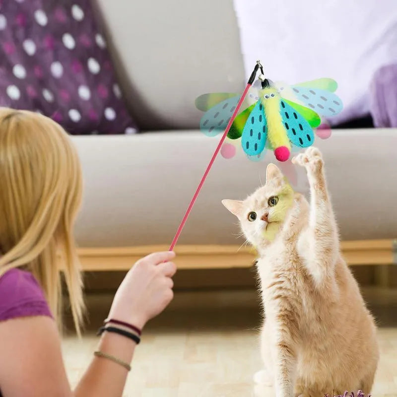 Blue dragonfly cat wand toy with bell on 49cm stick for interactive indoor play