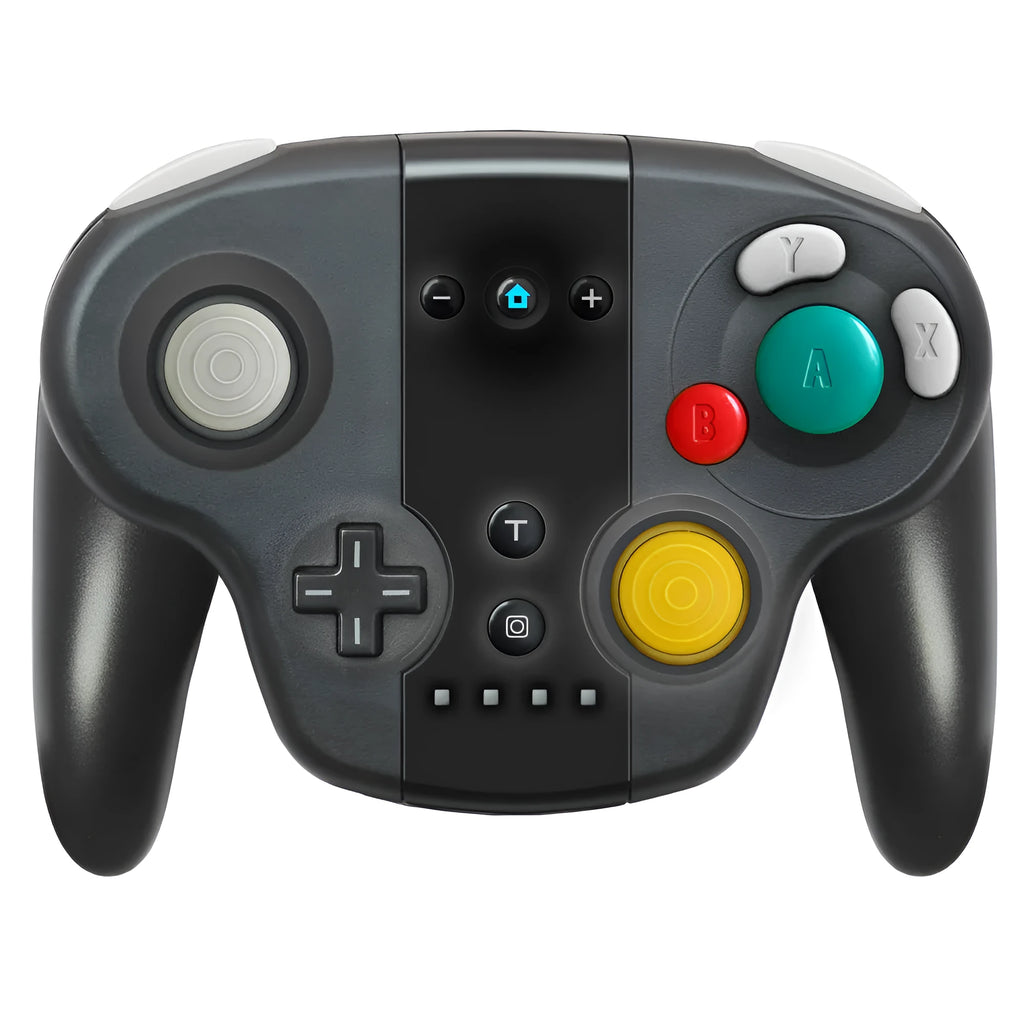 Black wireless gamepad with NFC and gyroscope for Switch and Windows PC showing Type-C port and buttons