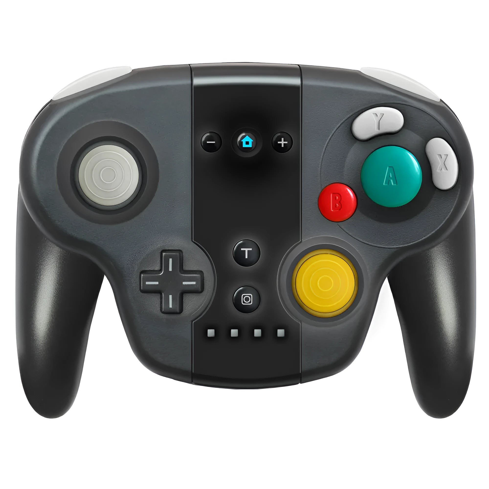 Black wireless gamepad with NFC and gyroscope for Switch and Windows PC showing Type-C port and buttons