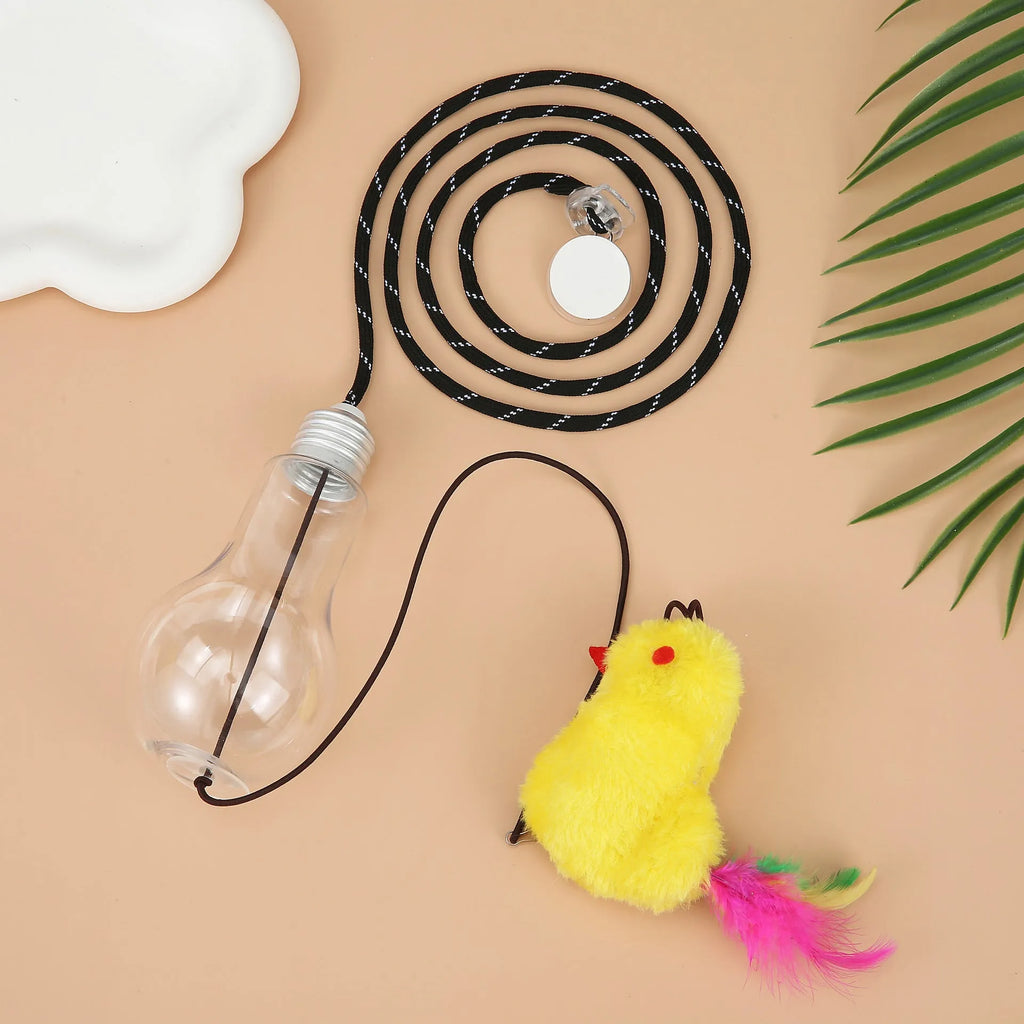 Interactive cat toy hanging on door frame with treat bulb and dangling mouse toy on elastic rope