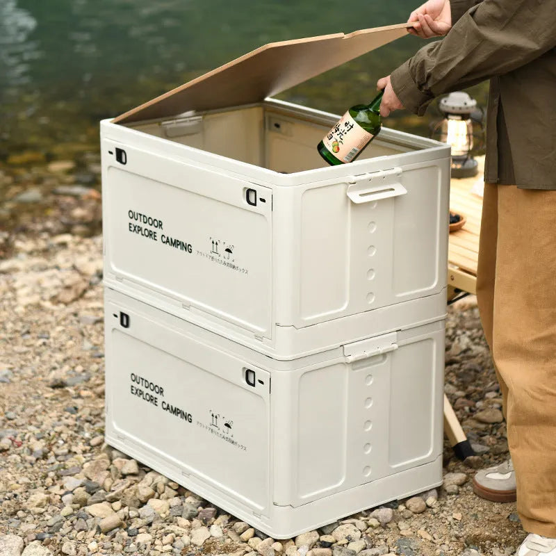 Large white foldable plastic storage box with wooden lid showing 45L capacity for household organisation